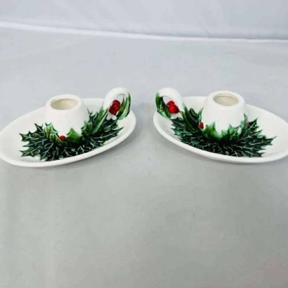 2 Lefton White Green Holly Berry Candle Holders - No 1341 The item size is 5